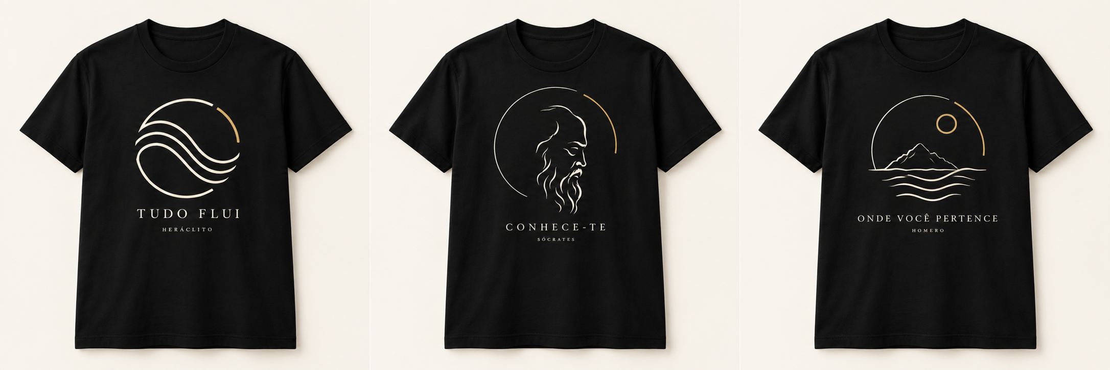 Filosofia Clássica: as camisetas Tudo flui, Conhece-te e Onde você pertence traduzem transformação, identidade e pertencimento em traços simples.