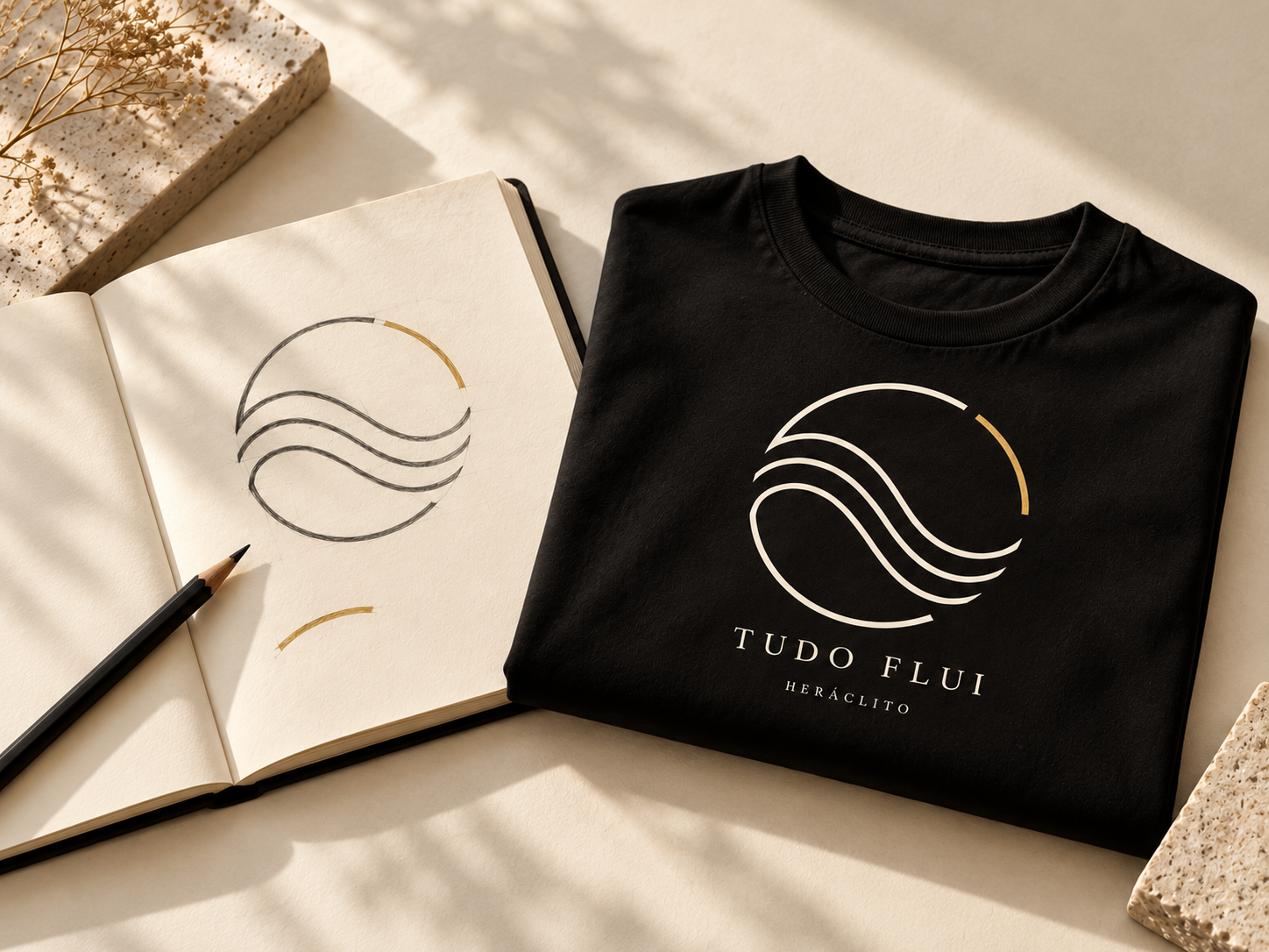 Um caderno com o desenho das ondas ao lado da camiseta Tudo flui, traduzindo a filosofia em uma estampa minimalista.