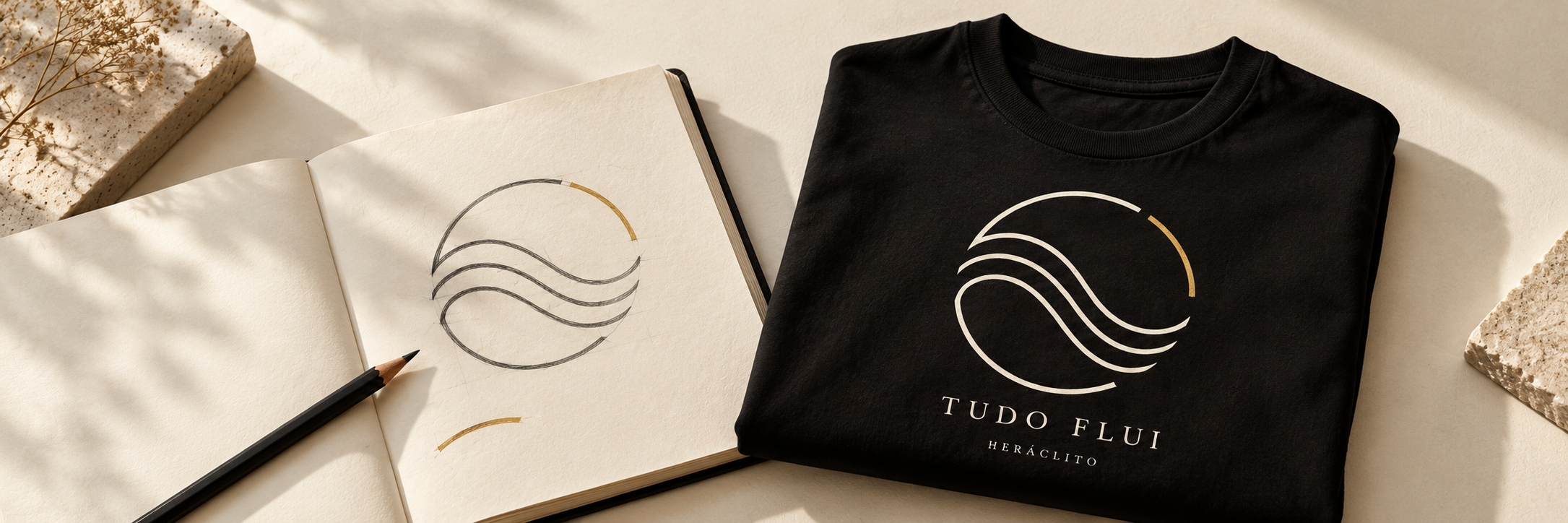 Da ideia à estampa: o desenho das ondas no caderno ao lado da camiseta Tudo flui, com o mesmo símbolo em marfim e dourado.